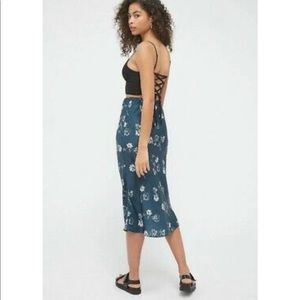 UO Rowan Satin Midi Floral Slip Skirt
